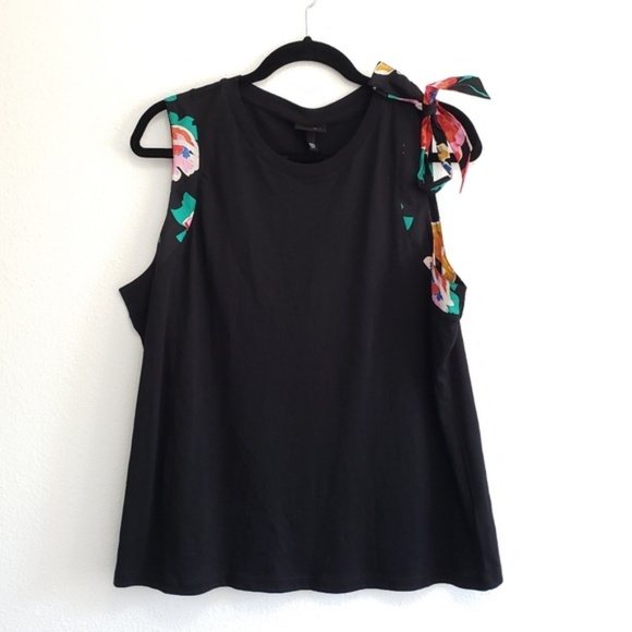 Who What Wear Tops - Who What Wear Black Tank with Floral Ribbon Tie